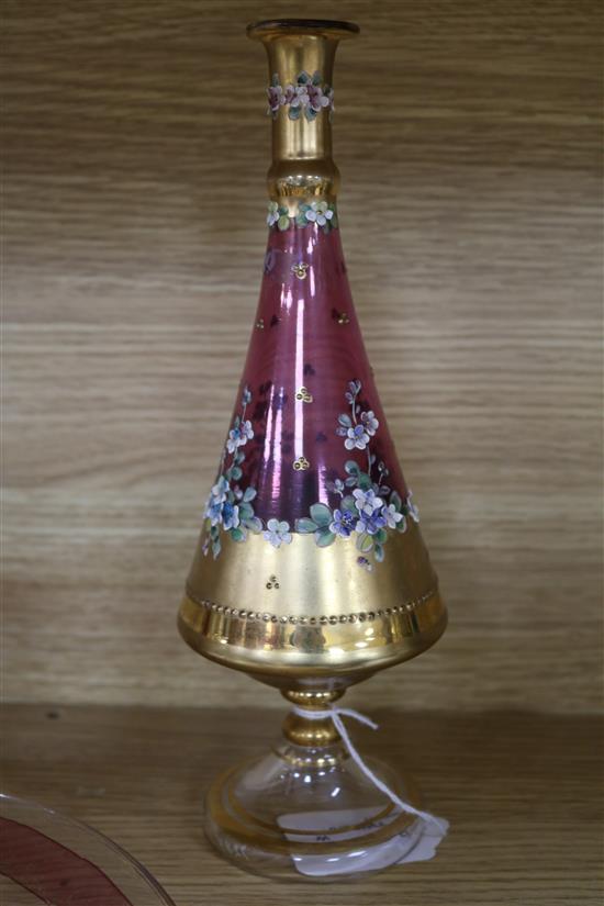 A Venetian ruby and gilt-painted liqueur set with a pair of matching vases and tray